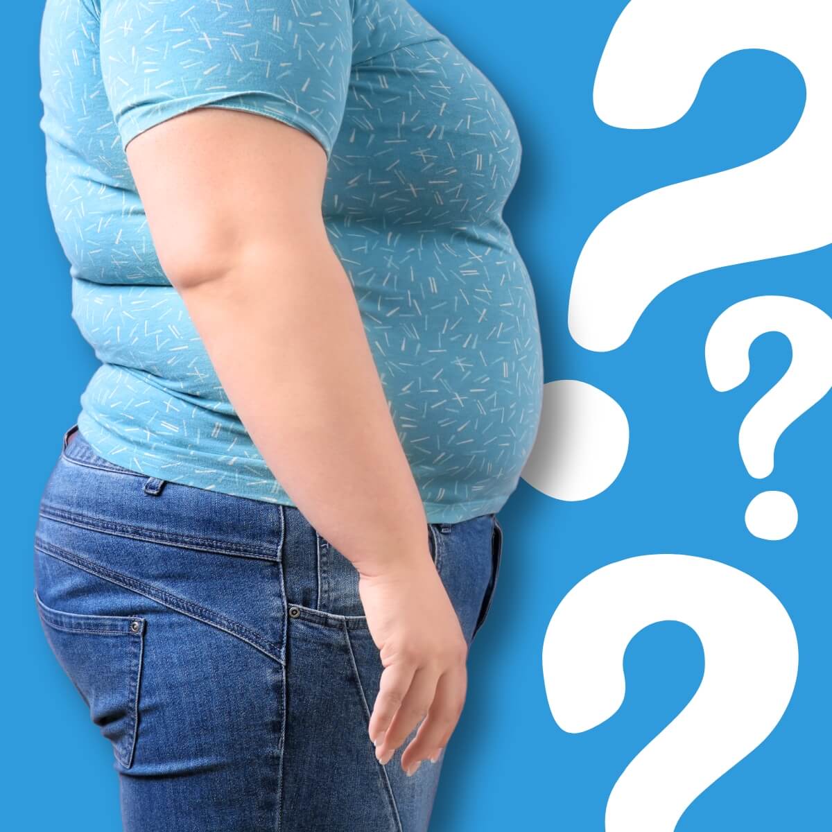 profile of a woman with belly fat around her waist against a blue background with question marks
