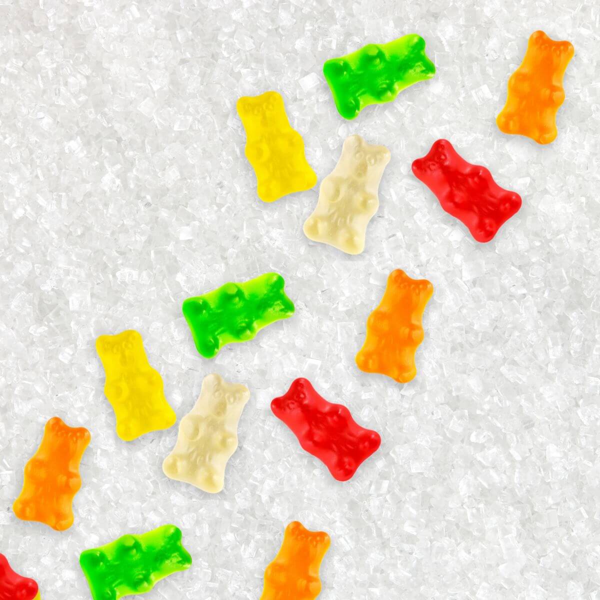 Graphic of gummy bears in front of white sugar background.