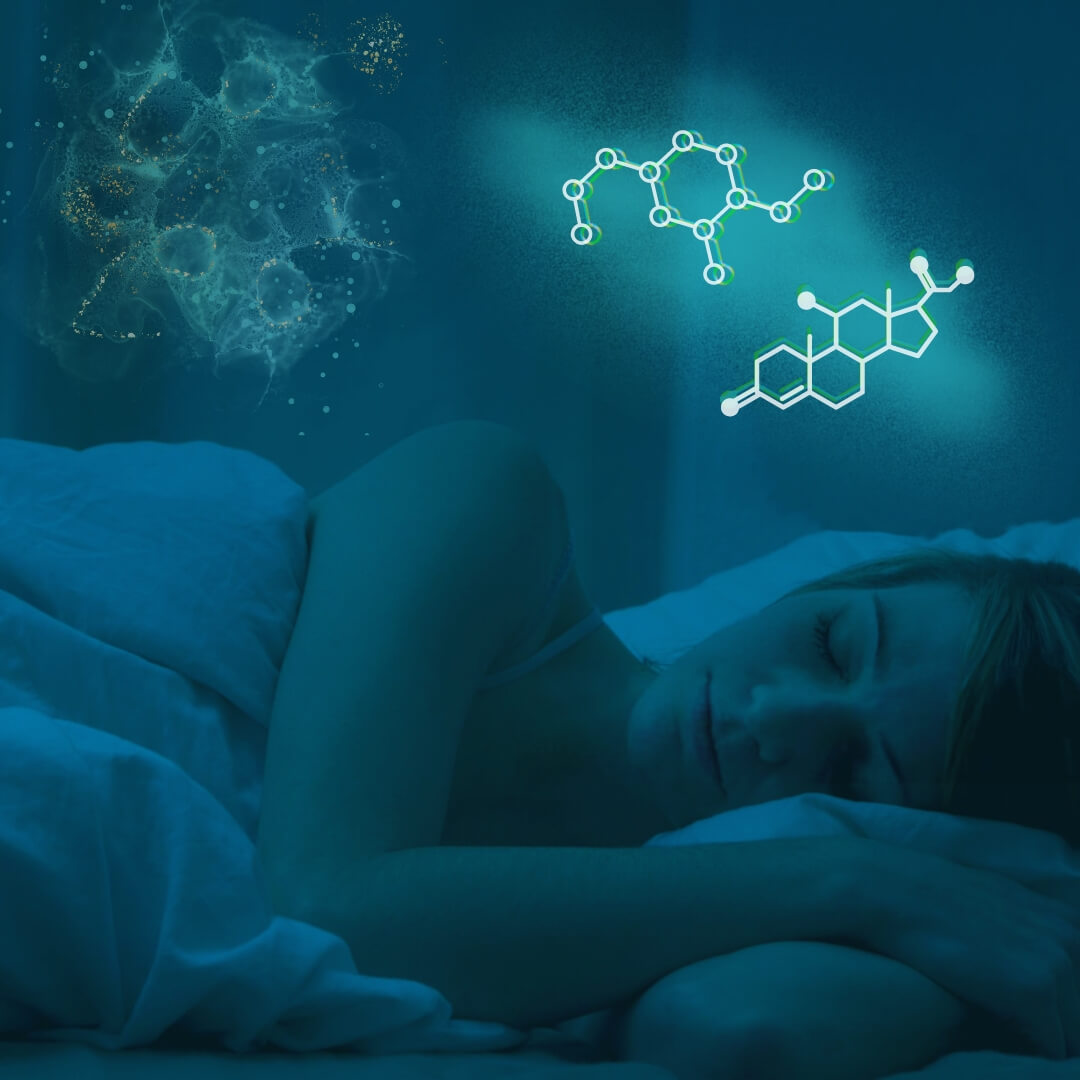 woman sleeping with icons of hormone molecules above head