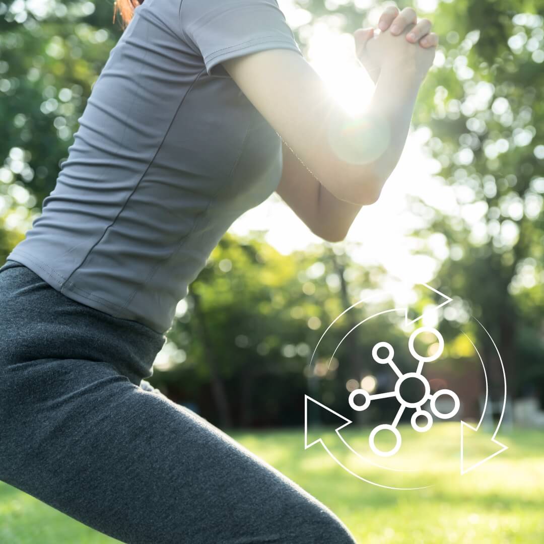 Woman squatting with metabolism logo to her right.