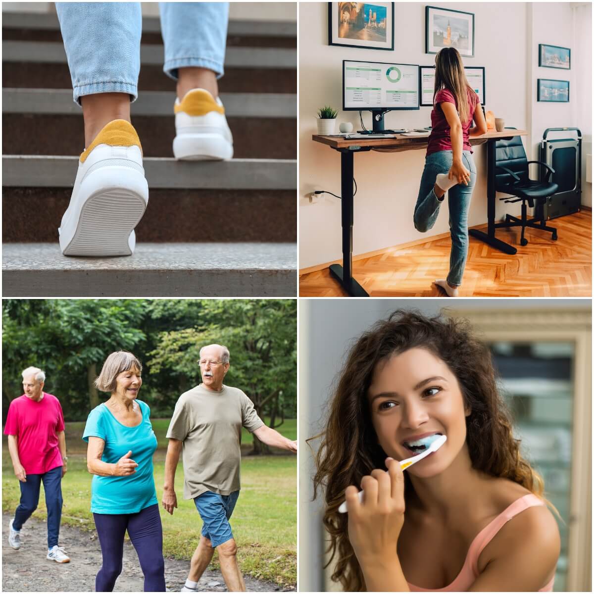 grid of four images showing non-exercise activity thermogensis (people walking, woman brushing her teeth, woman stretching at a desk, person walking up the stairs)