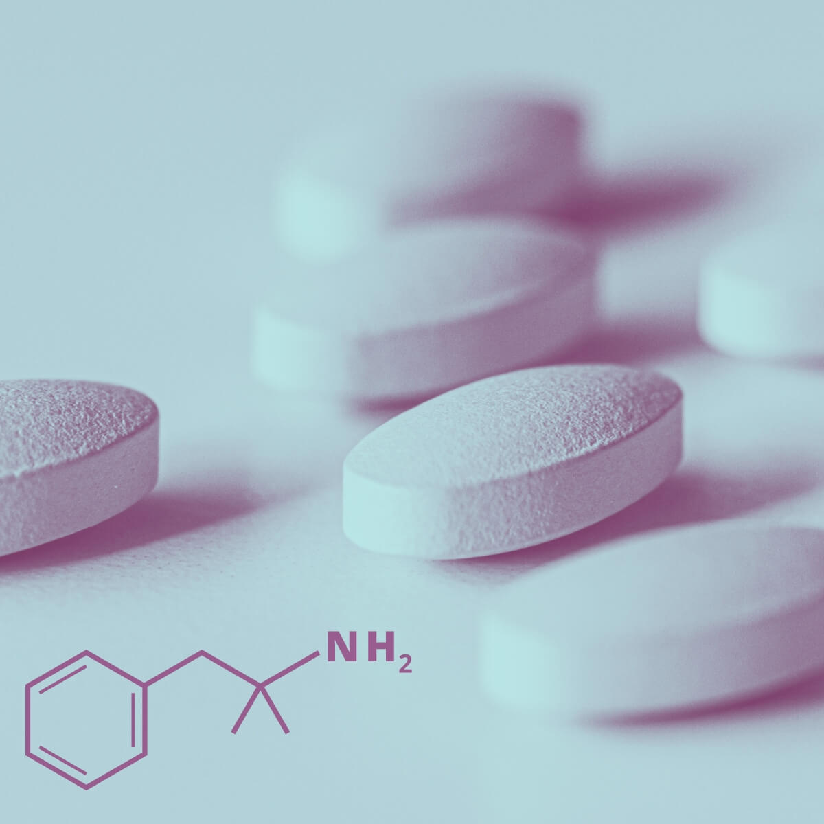 phentermine diet pills with an illustration of the phentermine chemical structure