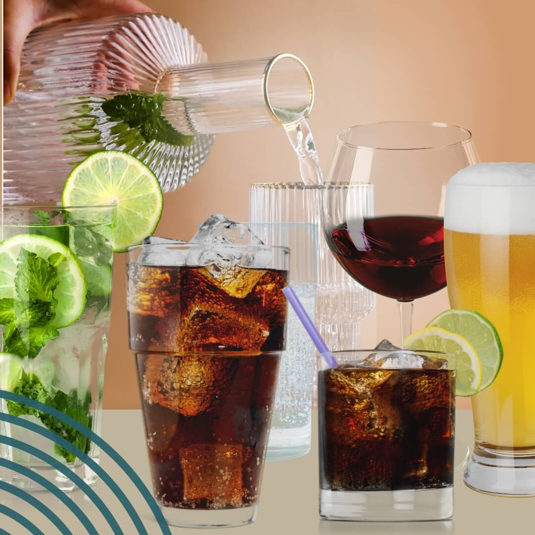 Graphic of soft drinks and alcoholic beverages.