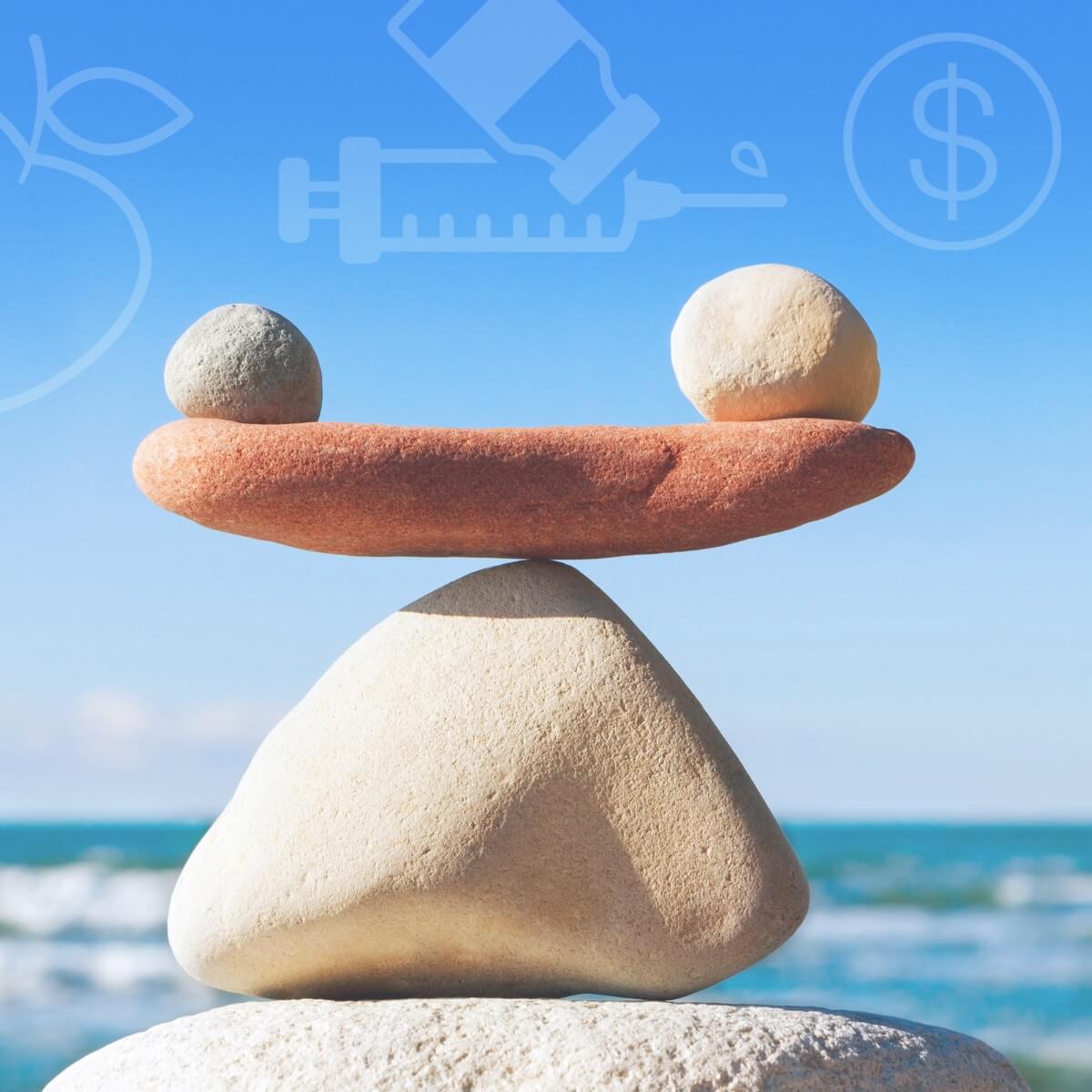 balancing rocks on a beach with background imagery of weight loss injectable medications, nutrition and cost of weight loss medications