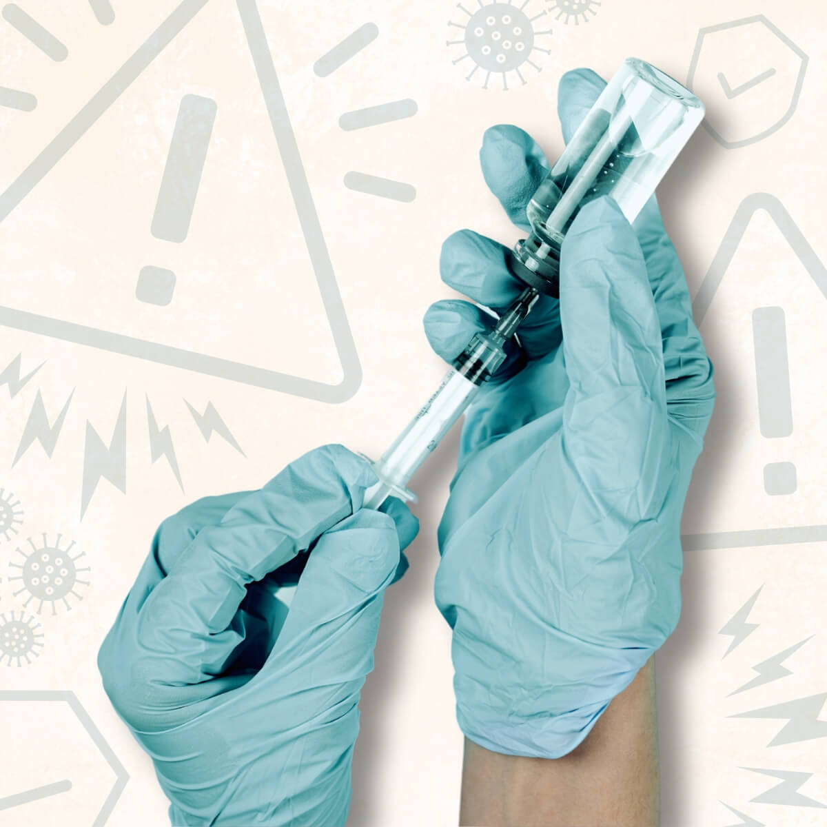 hand with gloves holding weight loss injectable medication with graphics indicating safety, risks and side effects in the background