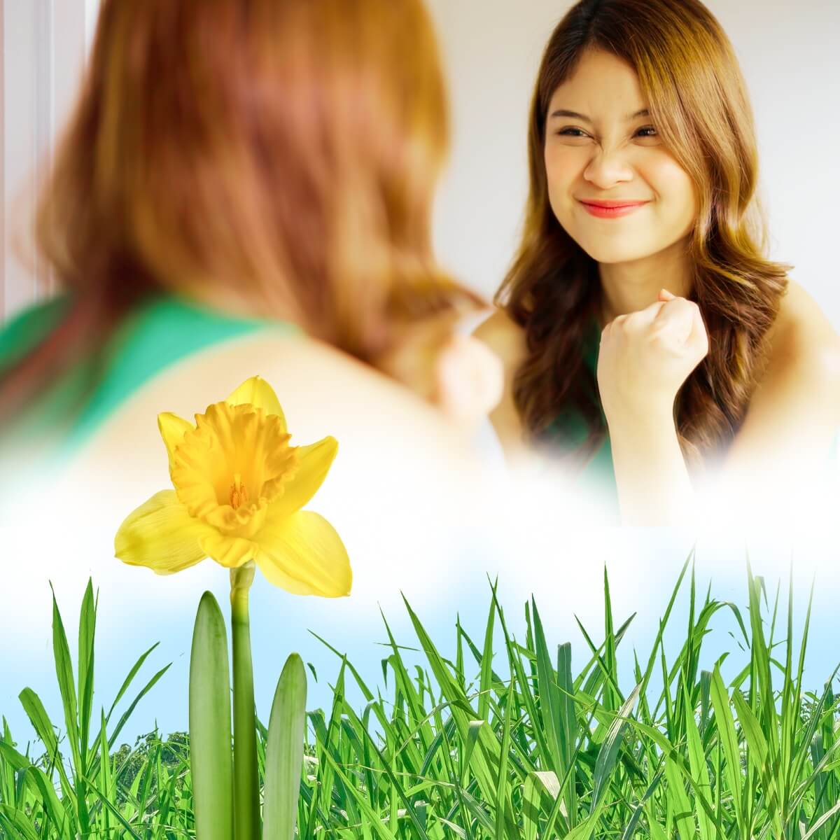 Woman looking excited about weight loss with graphic of grass and flowers.